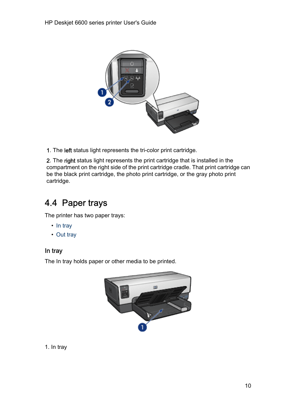 4 paper trays, In tray, Paper trays | HP Deskjet 6620 Color Inkjet Printer User Manual | Page 10 / 155