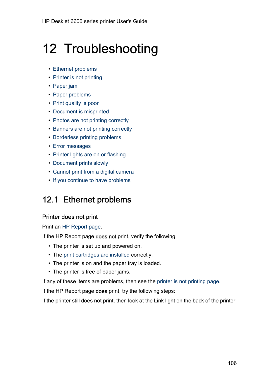 12 troubleshooting, 1 ethernet problems, Printer does not print | Troubleshooting | HP Deskjet 6620 Color Inkjet Printer User Manual | Page 106 / 155