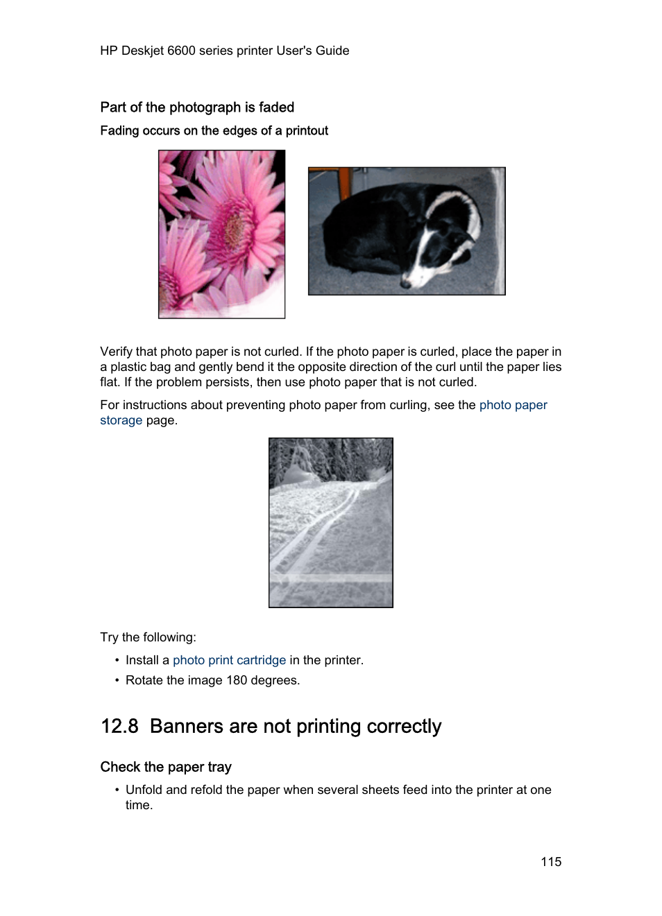 Part of the photograph is faded, Fading occurs on the edges of a printout, 8 banners are not printing correctly | Check the paper tray, Banners are not printing correctly | HP Deskjet 6620 Color Inkjet Printer User Manual | Page 115 / 155