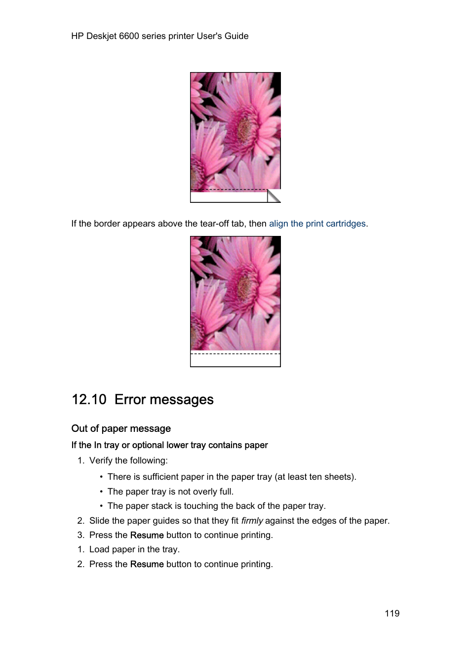 10 error messages, Out of paper message, Error messages | If an out-of-paper message appears, see the | HP Deskjet 6620 Color Inkjet Printer User Manual | Page 119 / 155