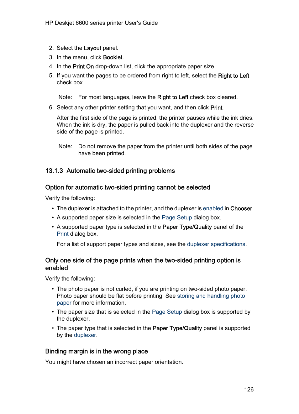 3 automatic two-sided printing problems, Binding margin is in the wrong place, Steps to clear a paper jam from the two-sided | Printing accessory, Automatic two-sided printing problems | HP Deskjet 6620 Color Inkjet Printer User Manual | Page 126 / 155