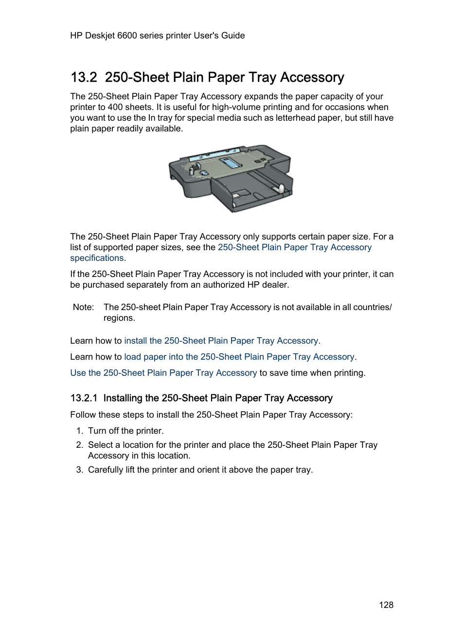 2 250-sheet plain paper tray accessory, Sheet plain paper tray accessory, And expand the printer's paper-handling | Sheet plain paper tray, Accessory, Optional), Or the, Installation steps, Sheet plain paper, Tray accessory | HP Deskjet 6620 Color Inkjet Printer User Manual | Page 128 / 155