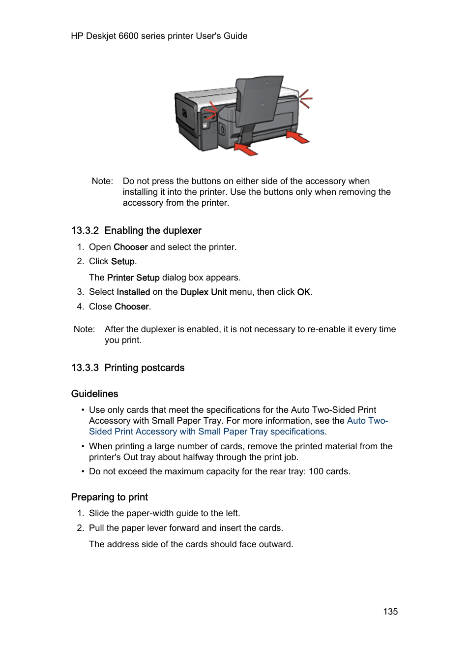 2 enabling the duplexer, 3 printing postcards, Guidelines | Preparing to print, Tray is attached to the printer, follow the, Steps for printing, Paper tray, Enable, Enabled | HP Deskjet 6620 Color Inkjet Printer User Manual | Page 135 / 155