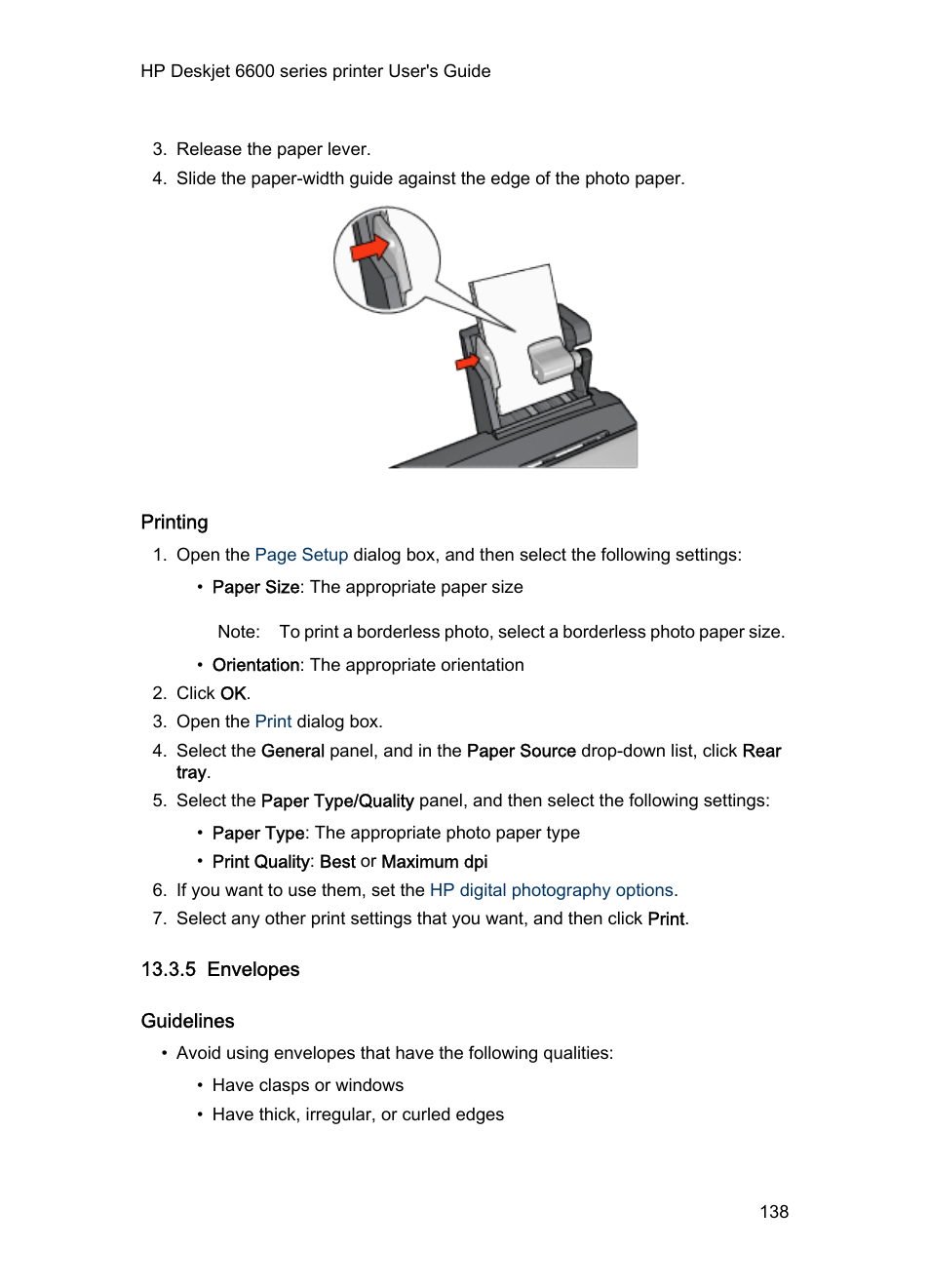 Printing, 5 envelopes, Guidelines | Envelopes | HP Deskjet 6620 Color Inkjet Printer User Manual | Page 138 / 155