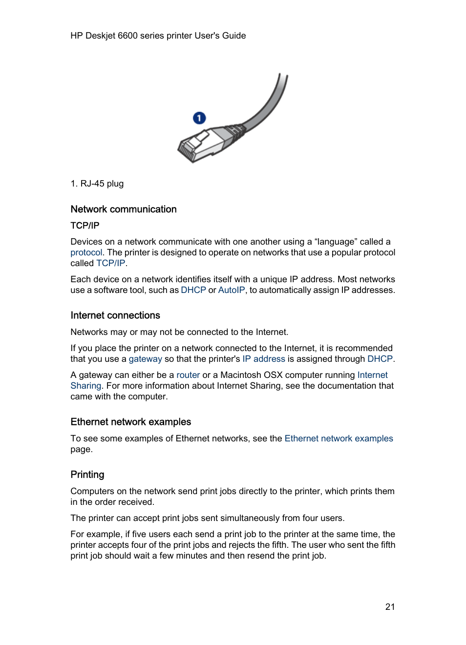 Network communication, Tcp/ip, Internet connections | Ethernet network examples, Printing | HP Deskjet 6620 Color Inkjet Printer User Manual | Page 21 / 155