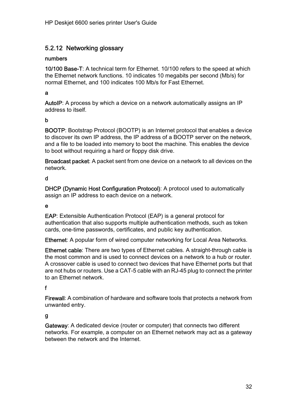 12 networking glossary, Numbers, Networking glossary | Glossary, 10/100 base-t, Connected to a network, Switch, Router, Firewalls, Dhcp | HP Deskjet 6620 Color Inkjet Printer User Manual | Page 32 / 155