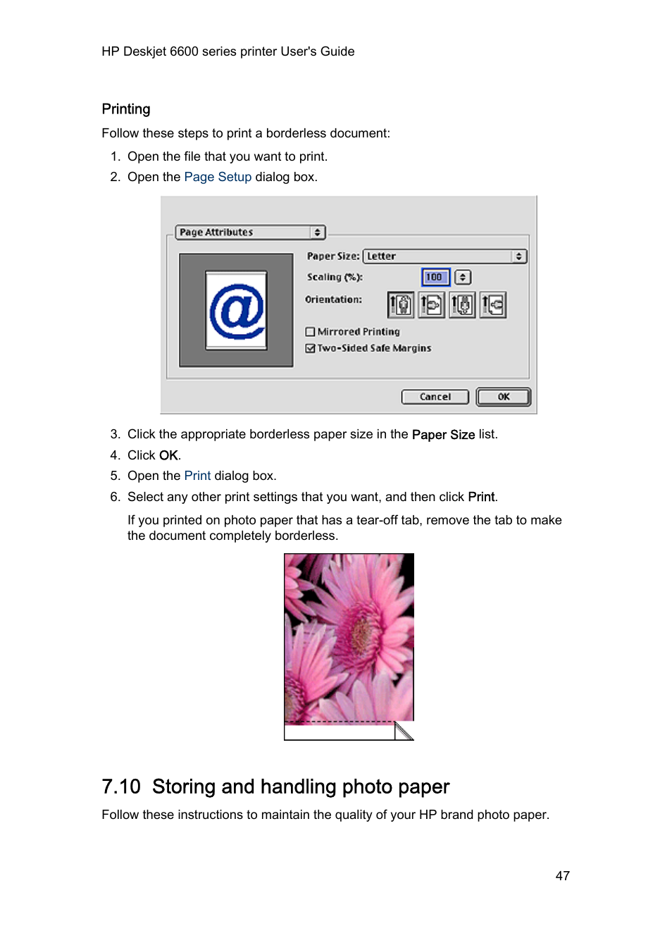 Printing, 10 storing and handling photo paper, Photo paper storage guidelines | HP Deskjet 6620 Color Inkjet Printer User Manual | Page 47 / 155