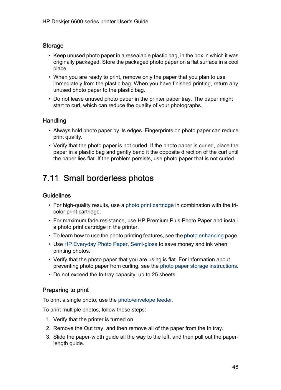 Storage, Handling, 11 small borderless photos | Guidelines, Preparing to print, Small photos, Small borderless photo | HP Deskjet 6620 Color Inkjet Printer User Manual | Page 48 / 155