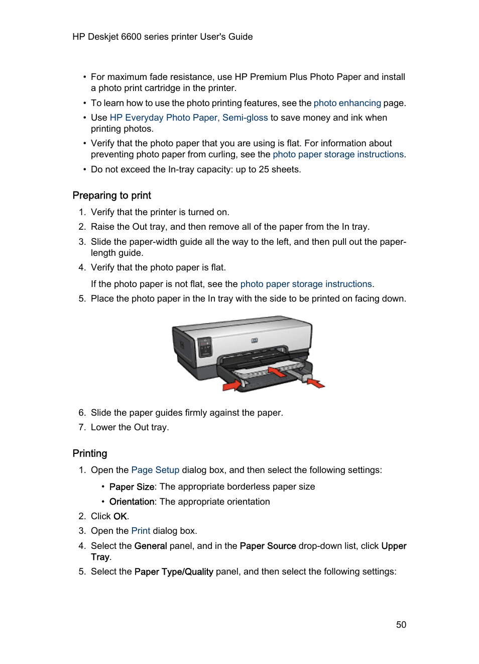 Preparing to print, Printing | HP Deskjet 6620 Color Inkjet Printer User Manual | Page 50 / 155