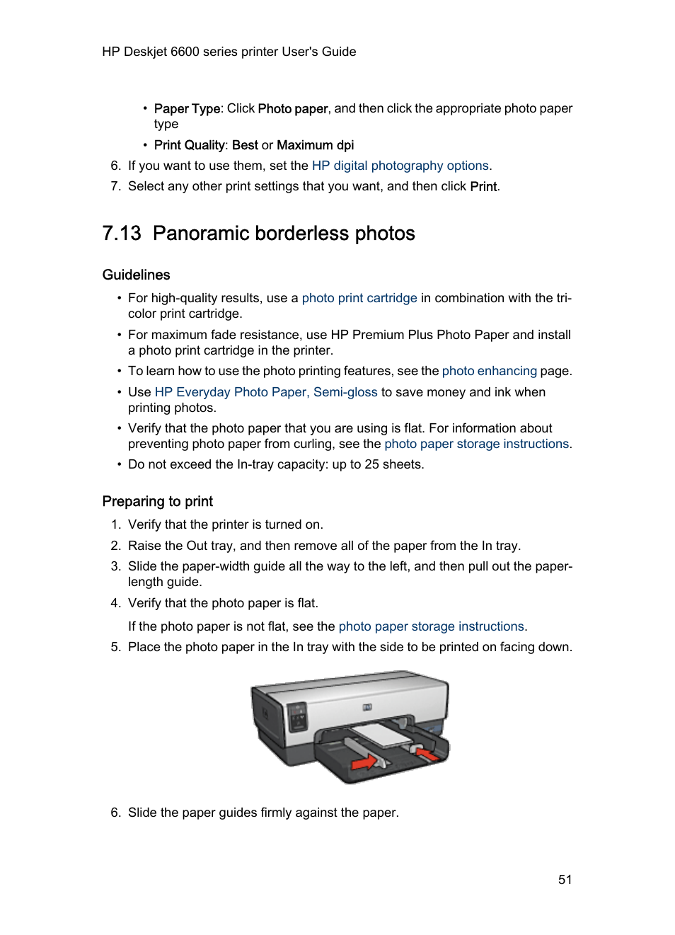 13 panoramic borderless photos, Guidelines, Preparing to print | Panoramic borderless photo | HP Deskjet 6620 Color Inkjet Printer User Manual | Page 51 / 155