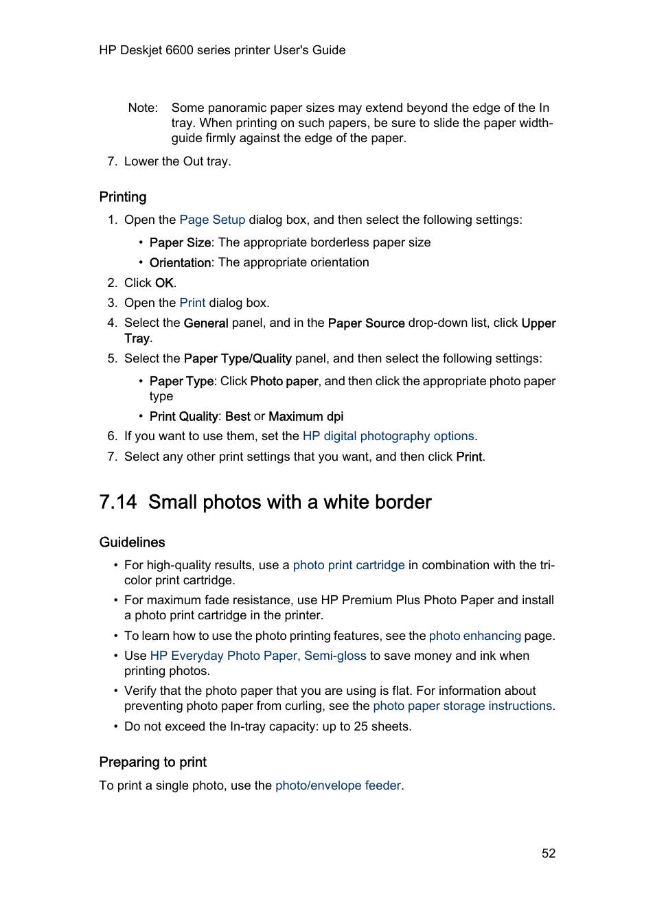 Printing, 14 small photos with a white border, Guidelines | Preparing to print, Small photo, With a white border | HP Deskjet 6620 Color Inkjet Printer User Manual | Page 52 / 155