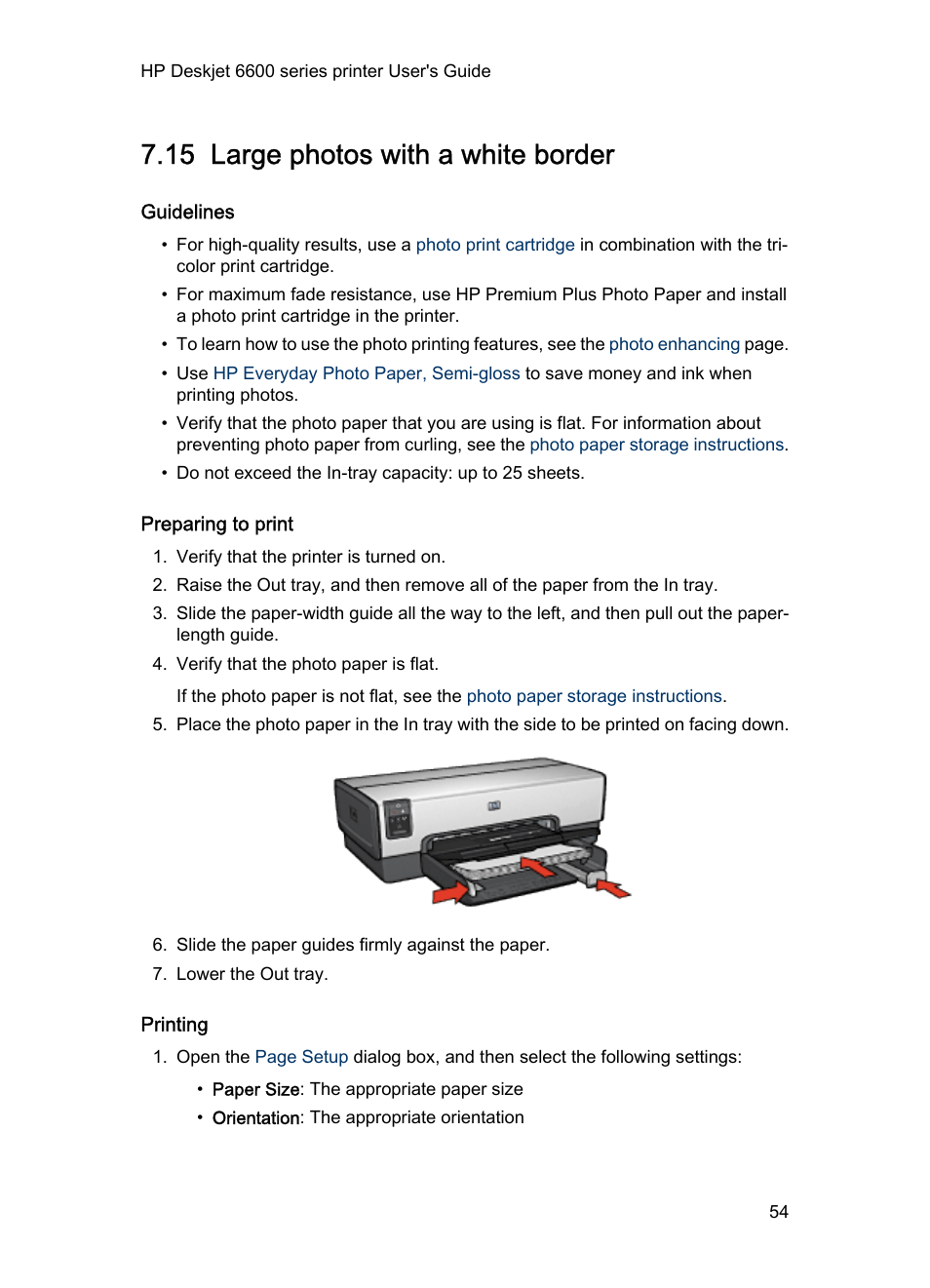 15 large photos with a white border, Guidelines, Preparing to print | Printing, Large photo, With a white border | HP Deskjet 6620 Color Inkjet Printer User Manual | Page 54 / 155