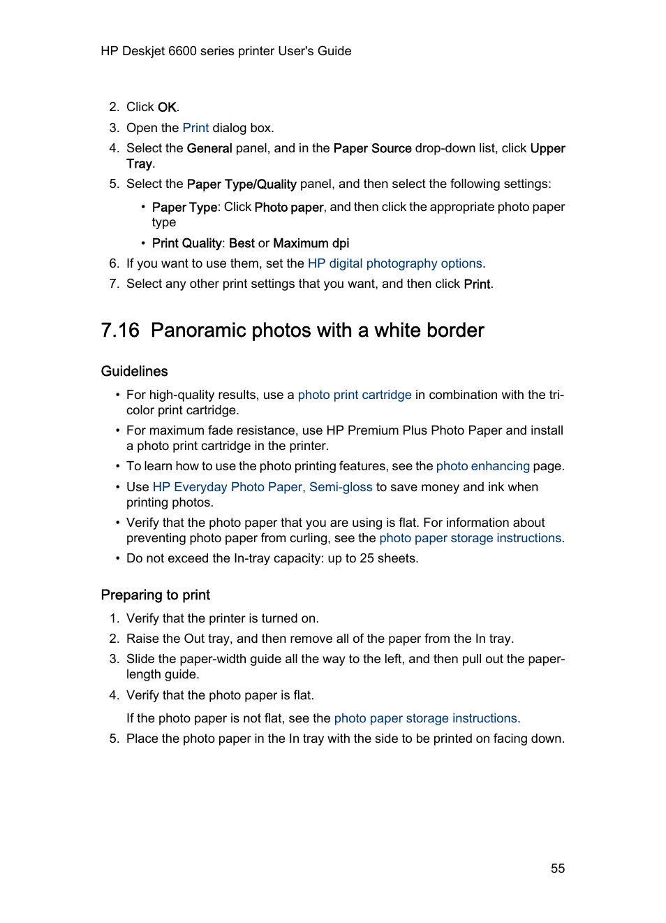 16 panoramic photos with a white border, Guidelines, Preparing to print | Panoramic photo, With a white border | HP Deskjet 6620 Color Inkjet Printer User Manual | Page 55 / 155