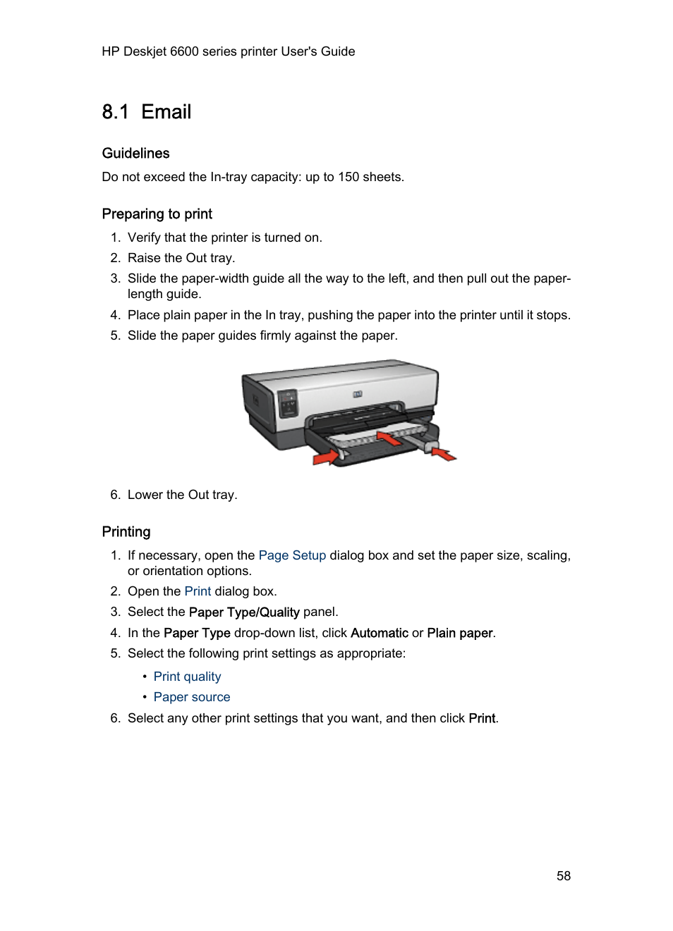 1 email, Guidelines, Preparing to print | Printing, E-mail | HP Deskjet 6620 Color Inkjet Printer User Manual | Page 58 / 155