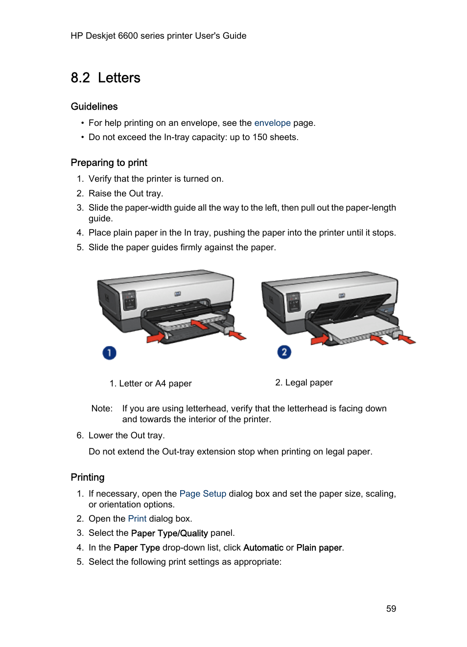 2 letters, Guidelines, Preparing to print | Printing, Letters | HP Deskjet 6620 Color Inkjet Printer User Manual | Page 59 / 155