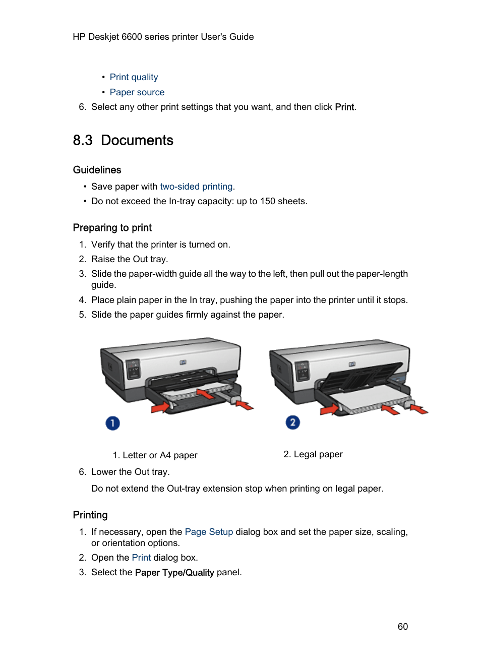 3 documents, Guidelines, Preparing to print | Printing, Documents | HP Deskjet 6620 Color Inkjet Printer User Manual | Page 60 / 155