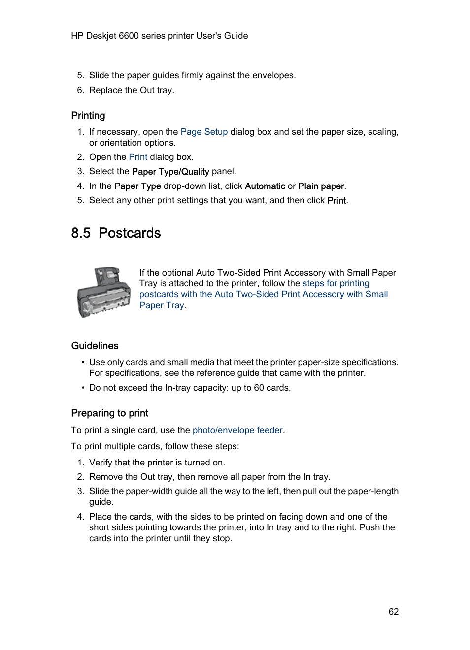 Printing, 5 postcards, Guidelines | Preparing to print, Postcards | HP Deskjet 6620 Color Inkjet Printer User Manual | Page 62 / 155