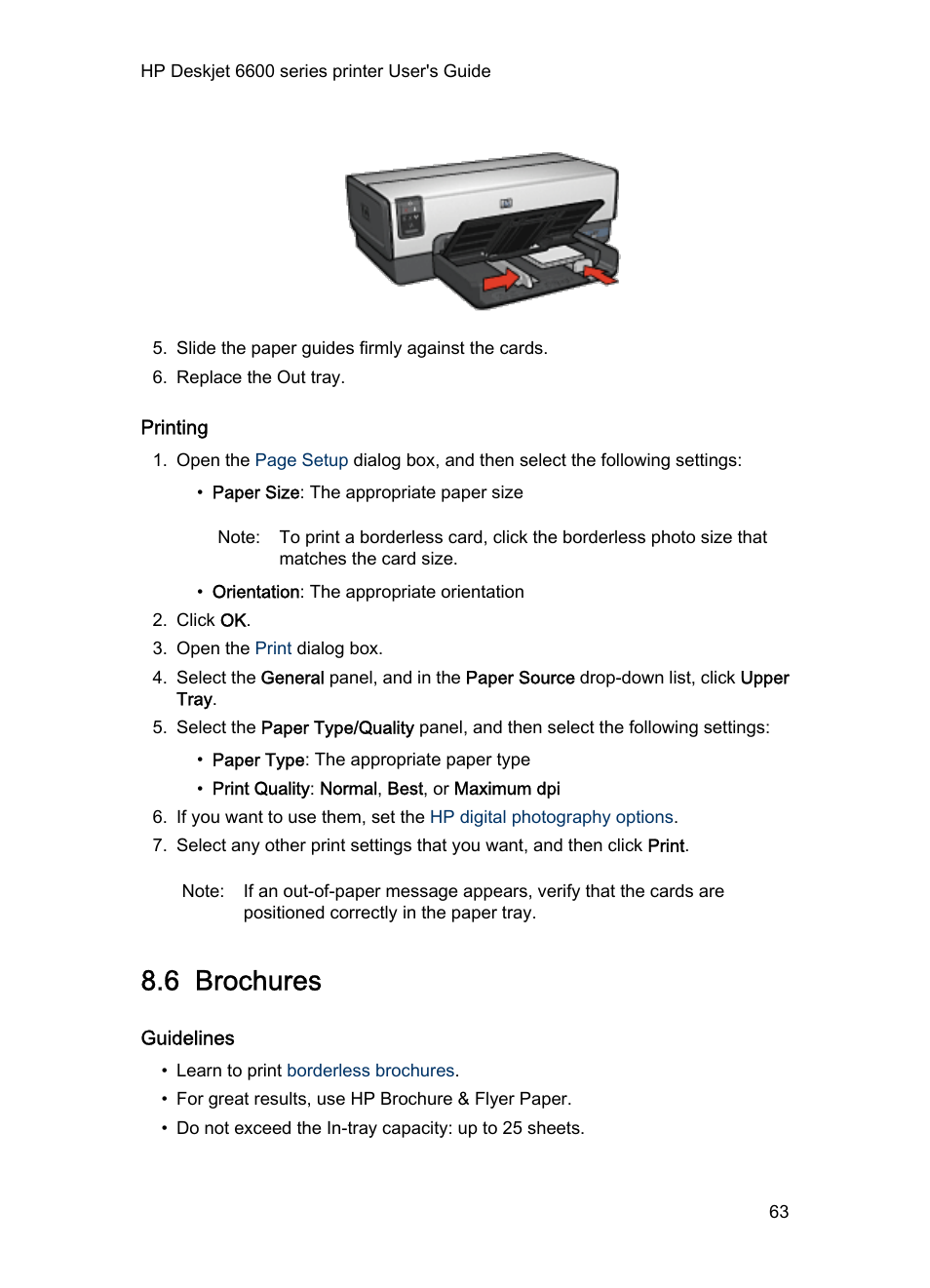 Printing, 6 brochures, Guidelines | Brochures | HP Deskjet 6620 Color Inkjet Printer User Manual | Page 63 / 155