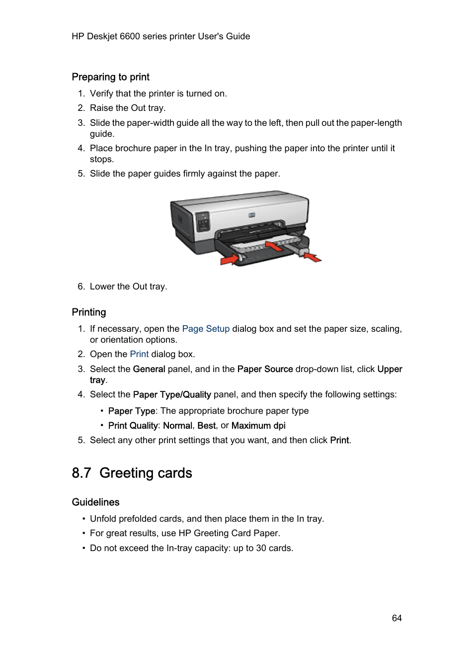 Preparing to print, Printing, 7 greeting cards | Guidelines, Greeting cards | HP Deskjet 6620 Color Inkjet Printer User Manual | Page 64 / 155