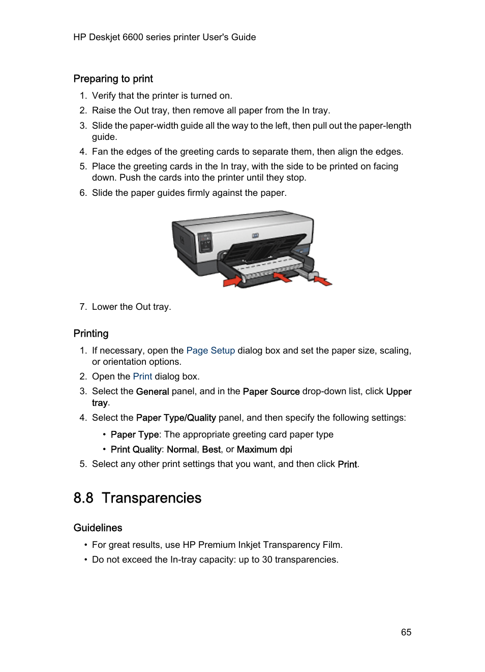 Preparing to print, Printing, 8 transparencies | Guidelines, Transparencies | HP Deskjet 6620 Color Inkjet Printer User Manual | Page 65 / 155