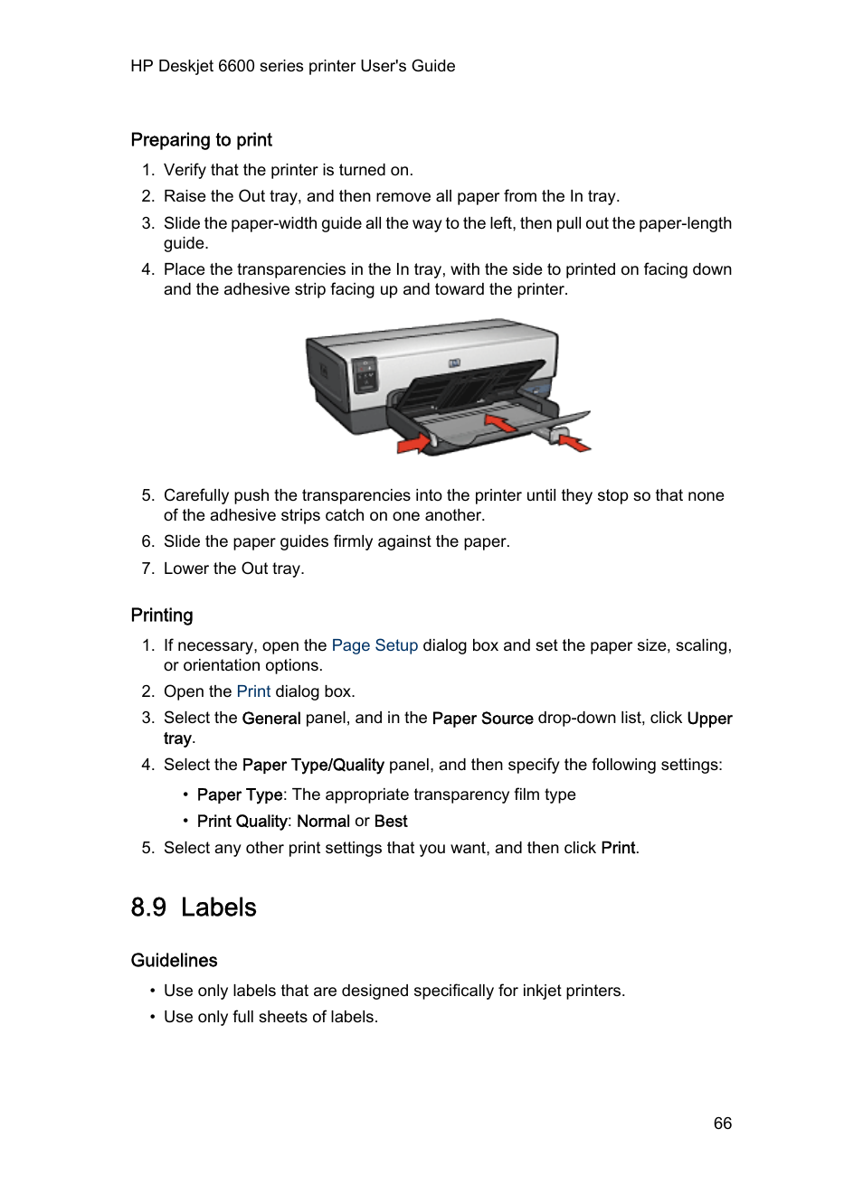 Preparing to print, Printing, 9 labels | Guidelines, Labels | HP Deskjet 6620 Color Inkjet Printer User Manual | Page 66 / 155