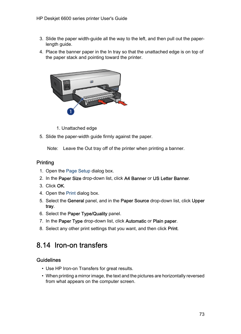 Printing, 14 iron-on transfers, Guidelines | Iron-on, Transfers | HP Deskjet 6620 Color Inkjet Printer User Manual | Page 73 / 155