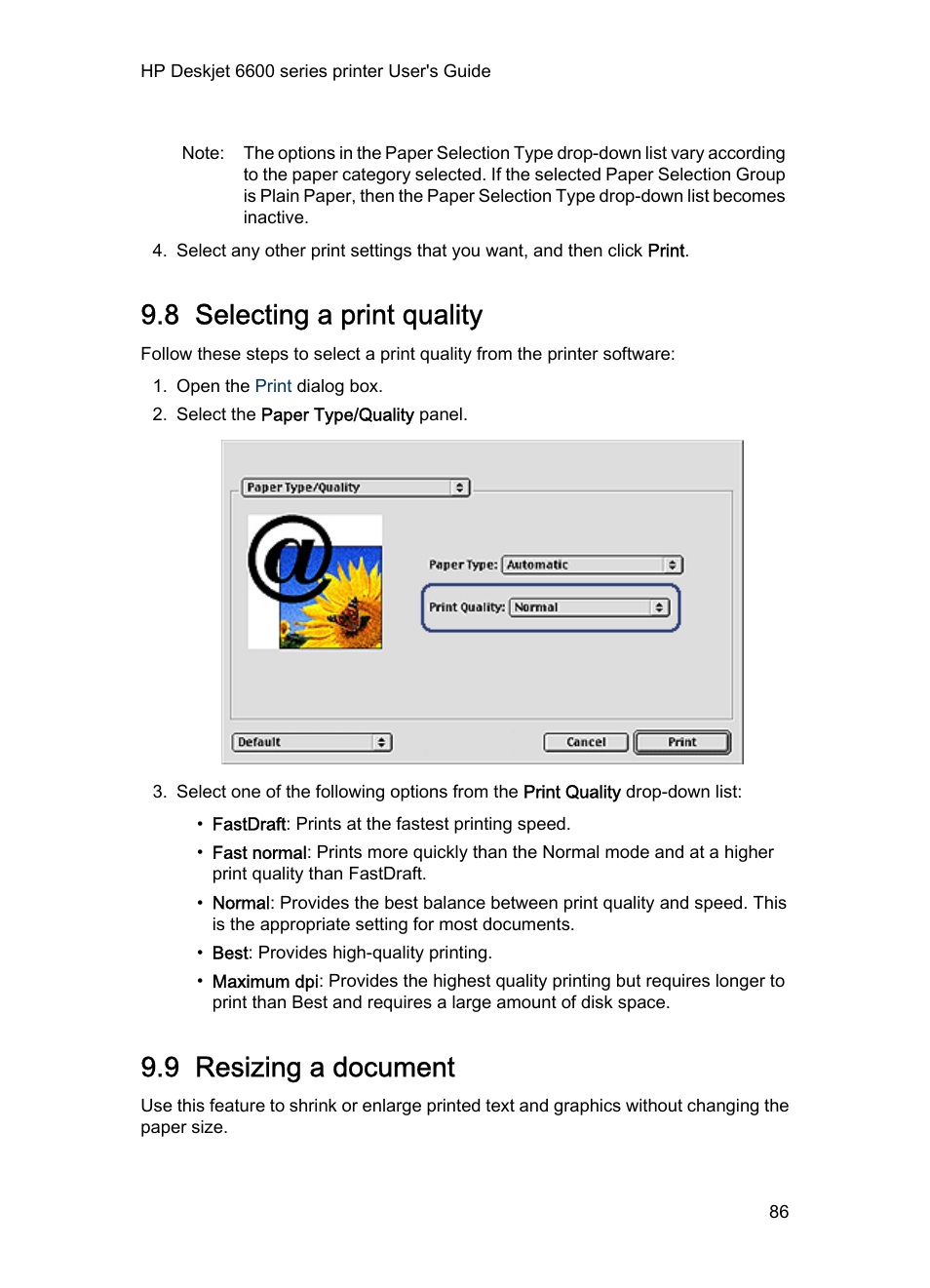 8 selecting a print quality, 9 resizing a document, Print quality | Resize | HP Deskjet 6620 Color Inkjet Printer User Manual | Page 86 / 155