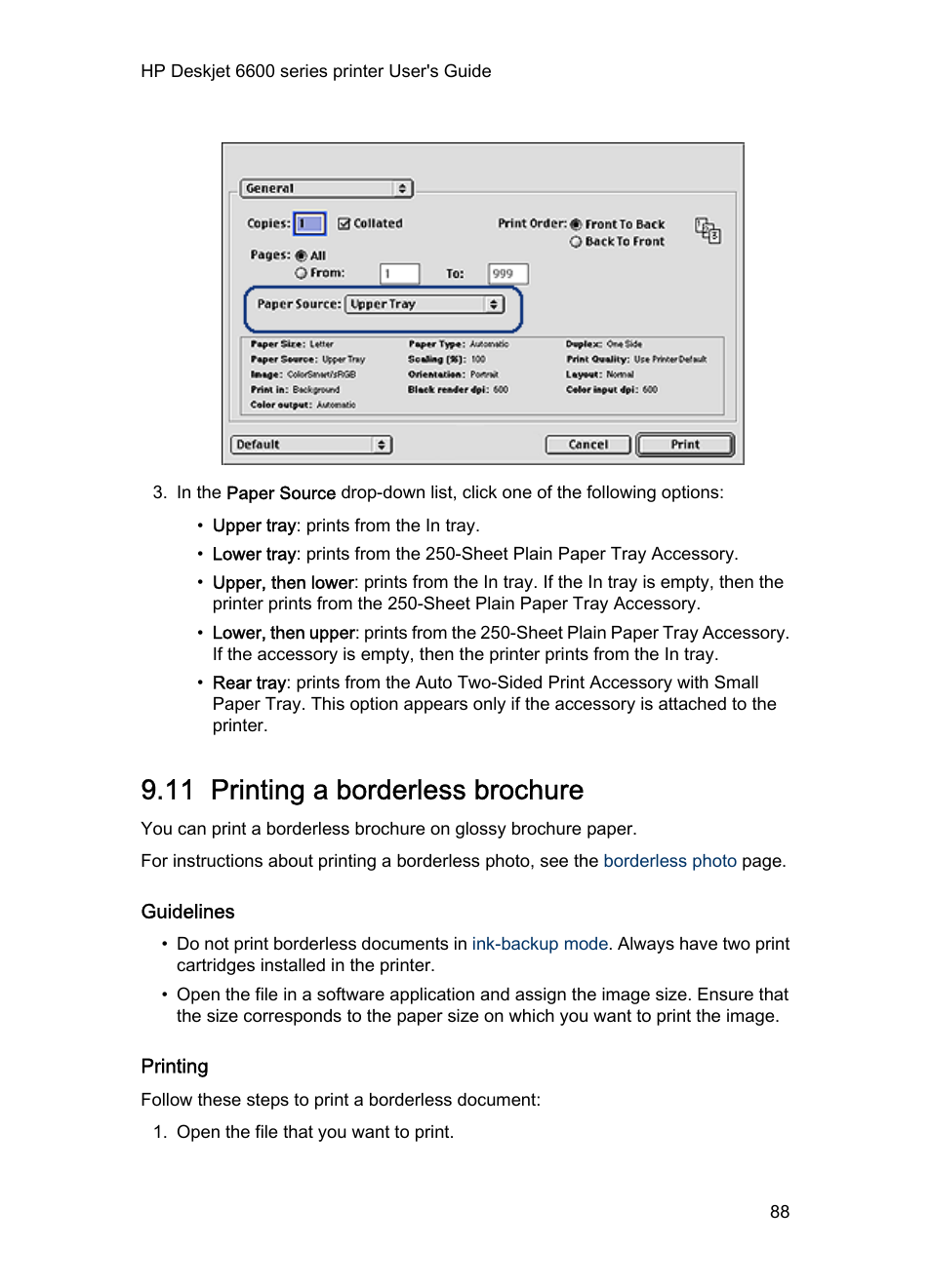 11 printing a borderless brochure, Guidelines, Printing | Learn to print, Borderless brochures, Print a, Borderless brochure | HP Deskjet 6620 Color Inkjet Printer User Manual | Page 88 / 155