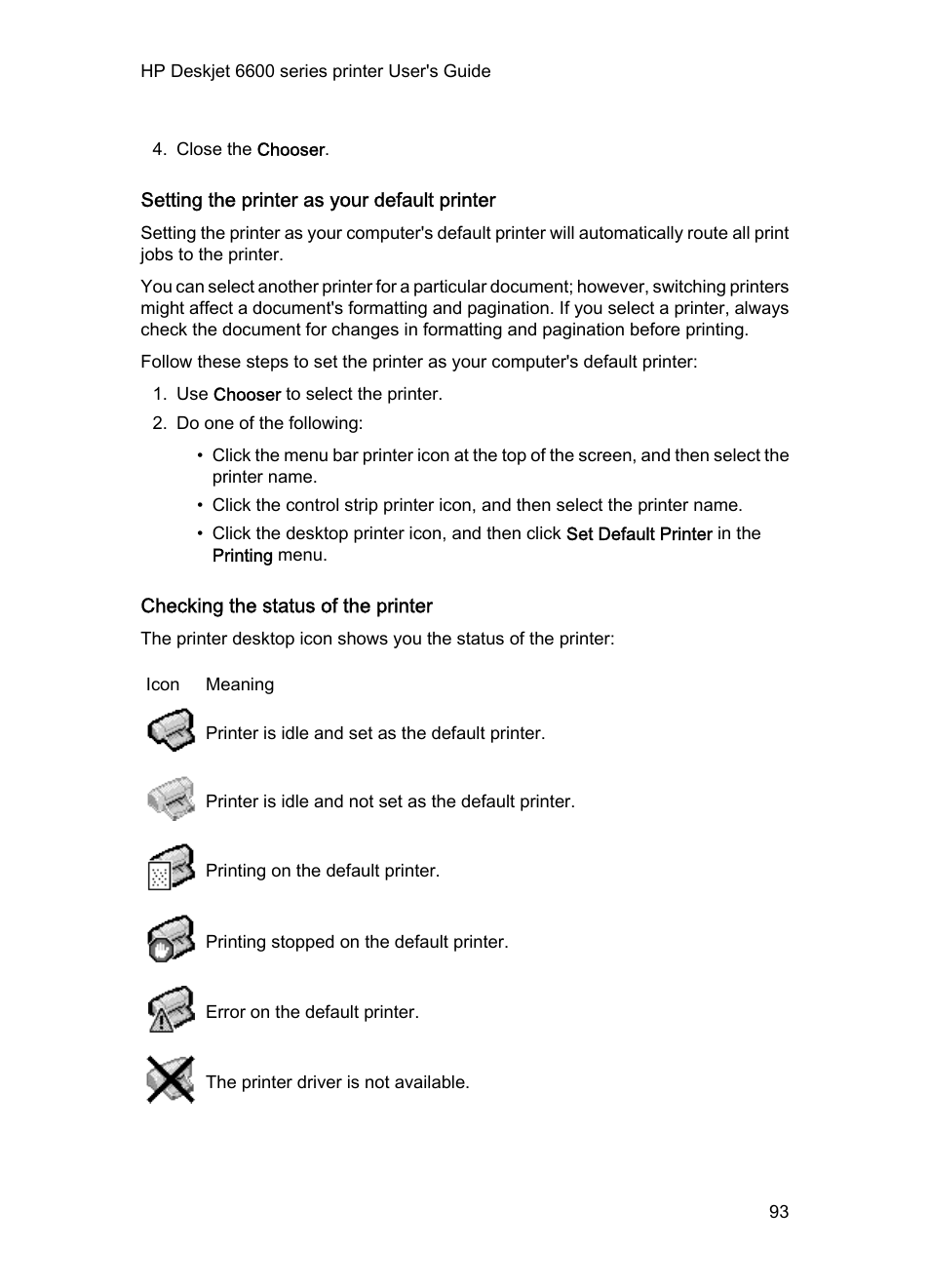 Setting the printer as your default printer, Checking the status of the printer | HP Deskjet 6620 Color Inkjet Printer User Manual | Page 93 / 155