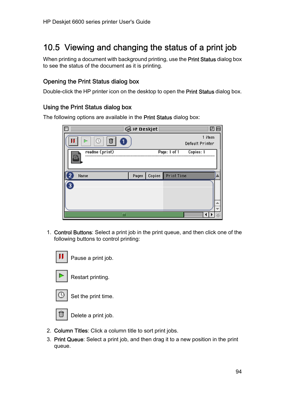 5 viewing and changing the status of a print job, Opening the print status dialog box, Using the print status dialog box | Viewing and changing the status of a print job | HP Deskjet 6620 Color Inkjet Printer User Manual | Page 94 / 155