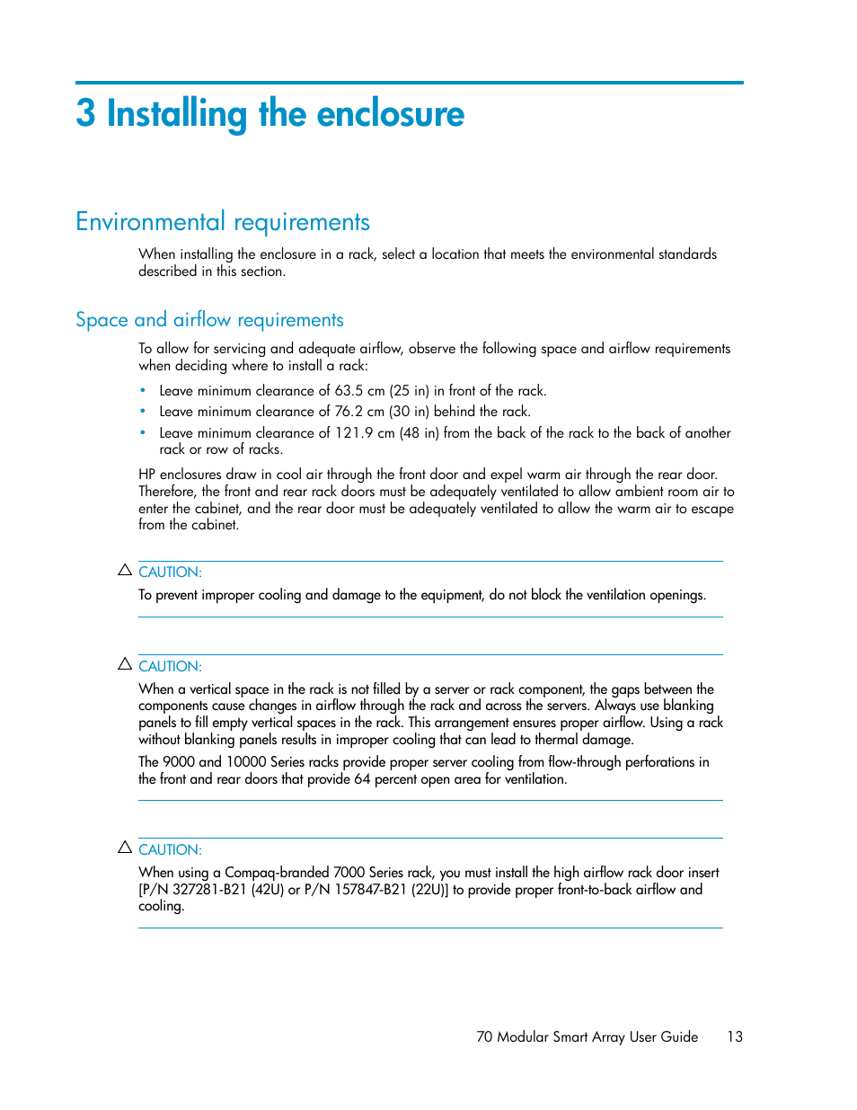 3 installing the enclosure, Environmental requirements, Space and airflow requirements | HP 70 Modular Smart Array User Manual | Page 13 / 60