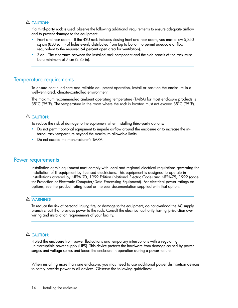 Temperature requirements, Power requirements, 14 power requirements | HP 70 Modular Smart Array User Manual | Page 14 / 60