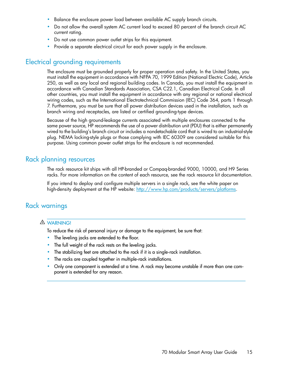 Electrical grounding requirements, Rack planning resources, Rack warnings | 15 rack planning resources, 15 rack warnings | HP 70 Modular Smart Array User Manual | Page 15 / 60