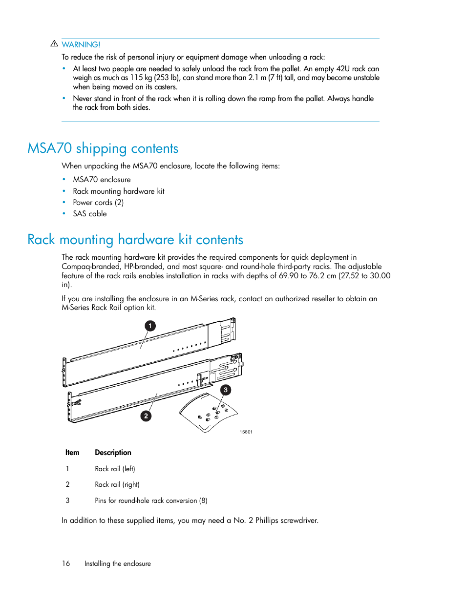 Msa70 shipping contents, Rack mounting hardware kit contents, 16 rack mounting hardware kit contents | HP 70 Modular Smart Array User Manual | Page 16 / 60