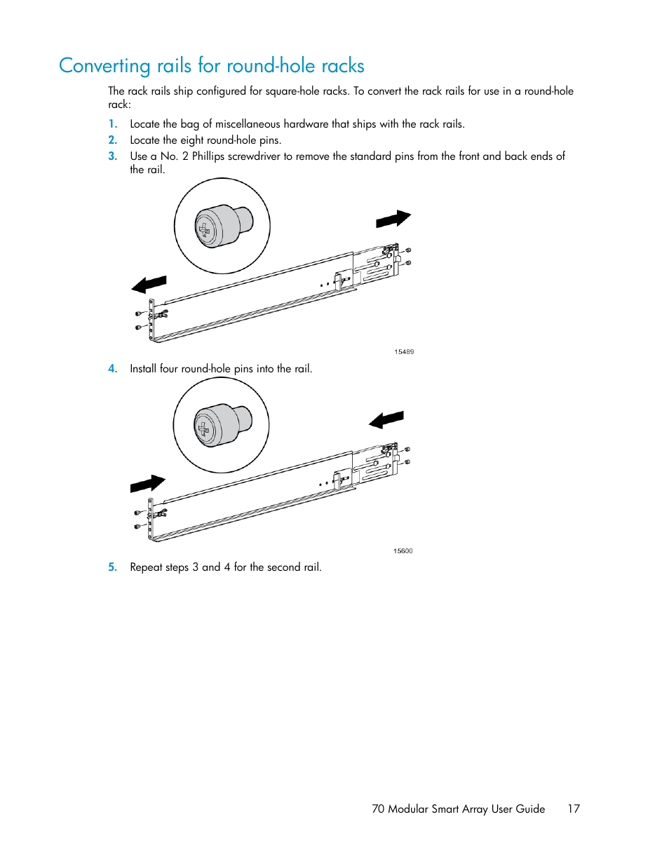 Converting rails for round-hole racks | HP 70 Modular Smart Array User Manual | Page 17 / 60