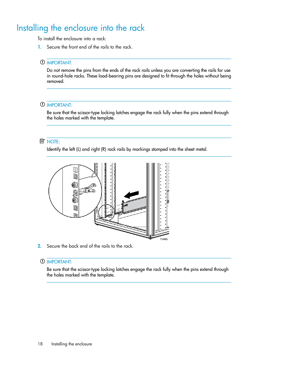 Installing the enclosure into the rack | HP 70 Modular Smart Array User Manual | Page 18 / 60