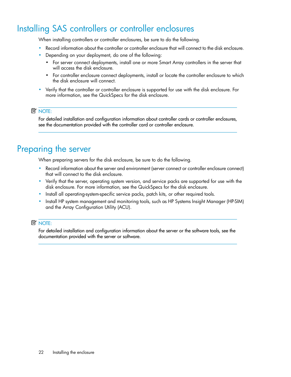 Preparing the server, 22 preparing the server | HP 70 Modular Smart Array User Manual | Page 22 / 60