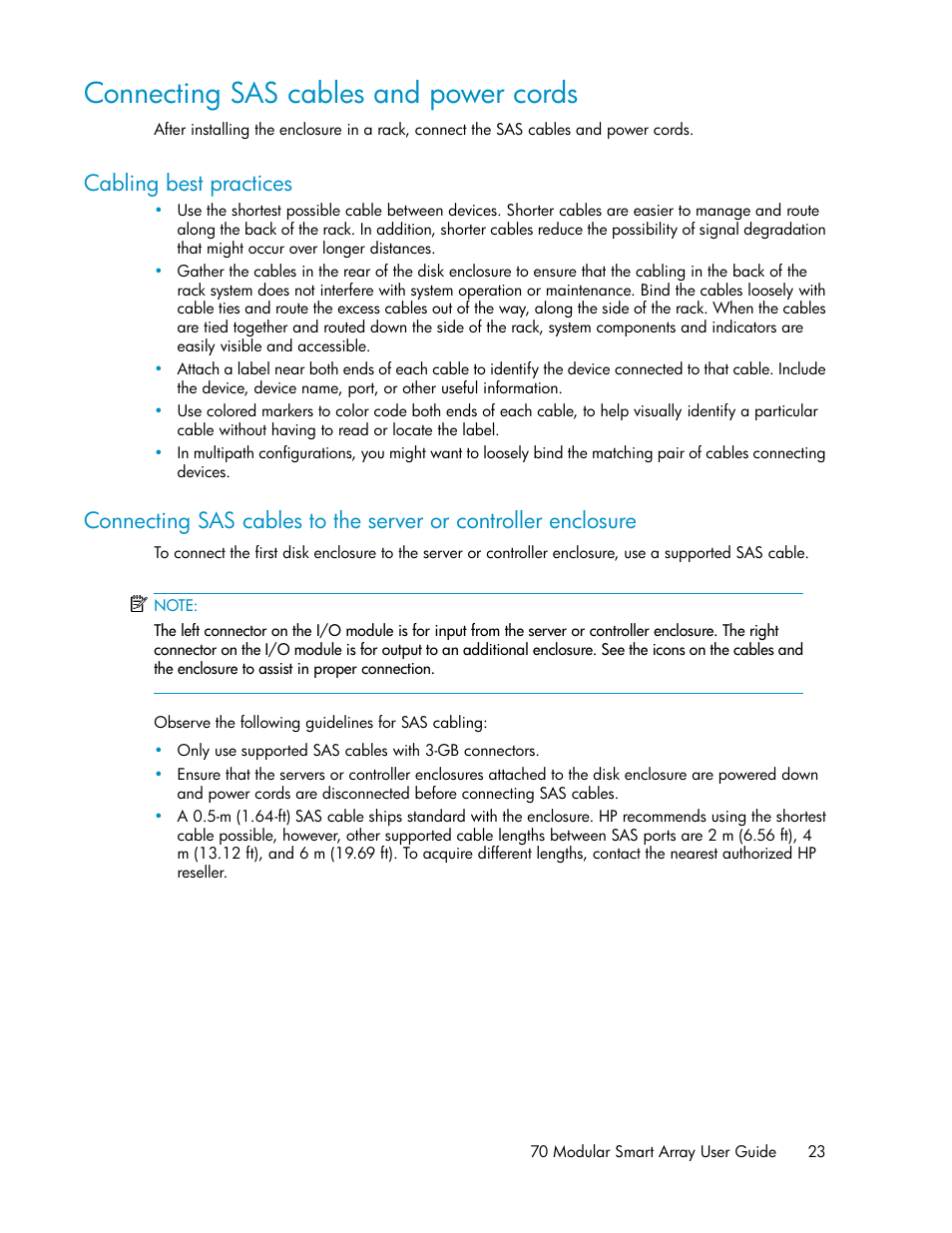 Connecting sas cables and power cords, Cabling best practices | HP 70 Modular Smart Array User Manual | Page 23 / 60