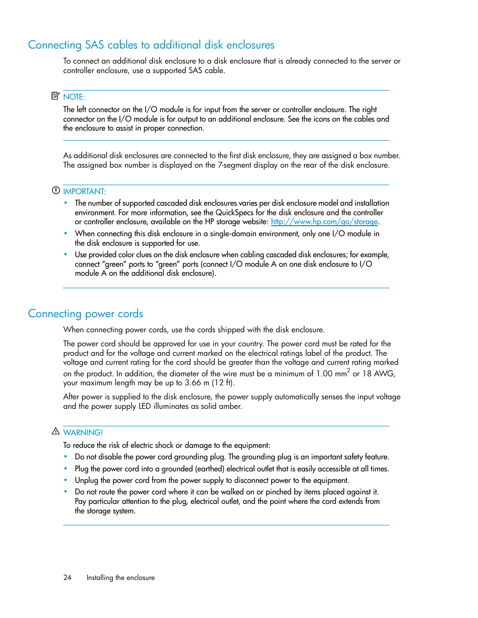 Connecting power cords, 24 connecting power cords | HP 70 Modular Smart Array User Manual | Page 24 / 60