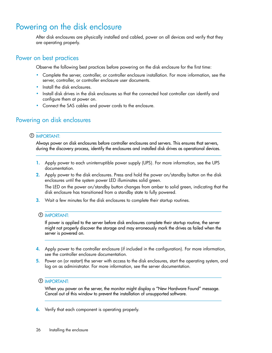 Powering on the disk enclosure, Power on best practices, Powering on disk enclosures | HP 70 Modular Smart Array User Manual | Page 26 / 60