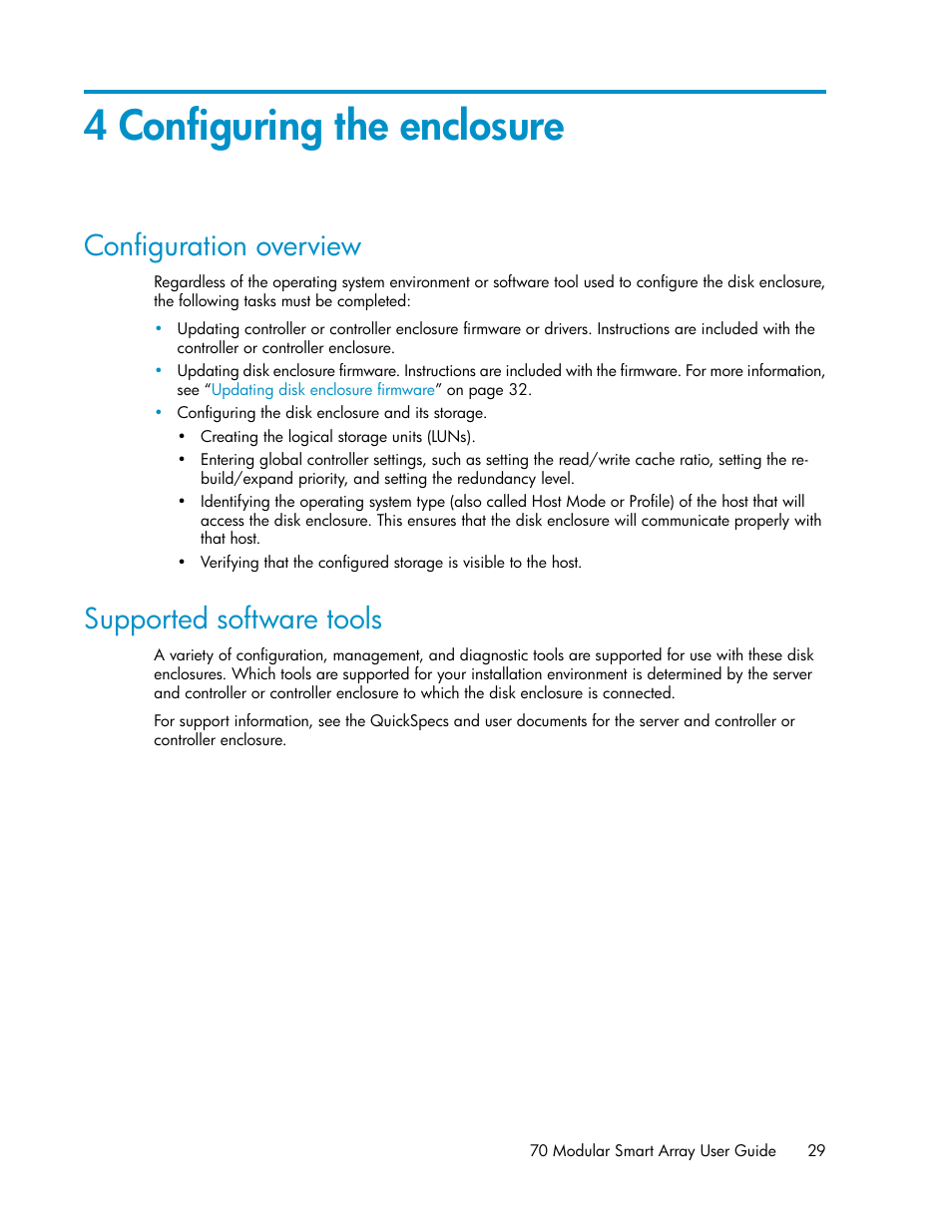 4 configuring the enclosure, Configuration overview, Supported software tools | 29 supported software tools | HP 70 Modular Smart Array User Manual | Page 29 / 60