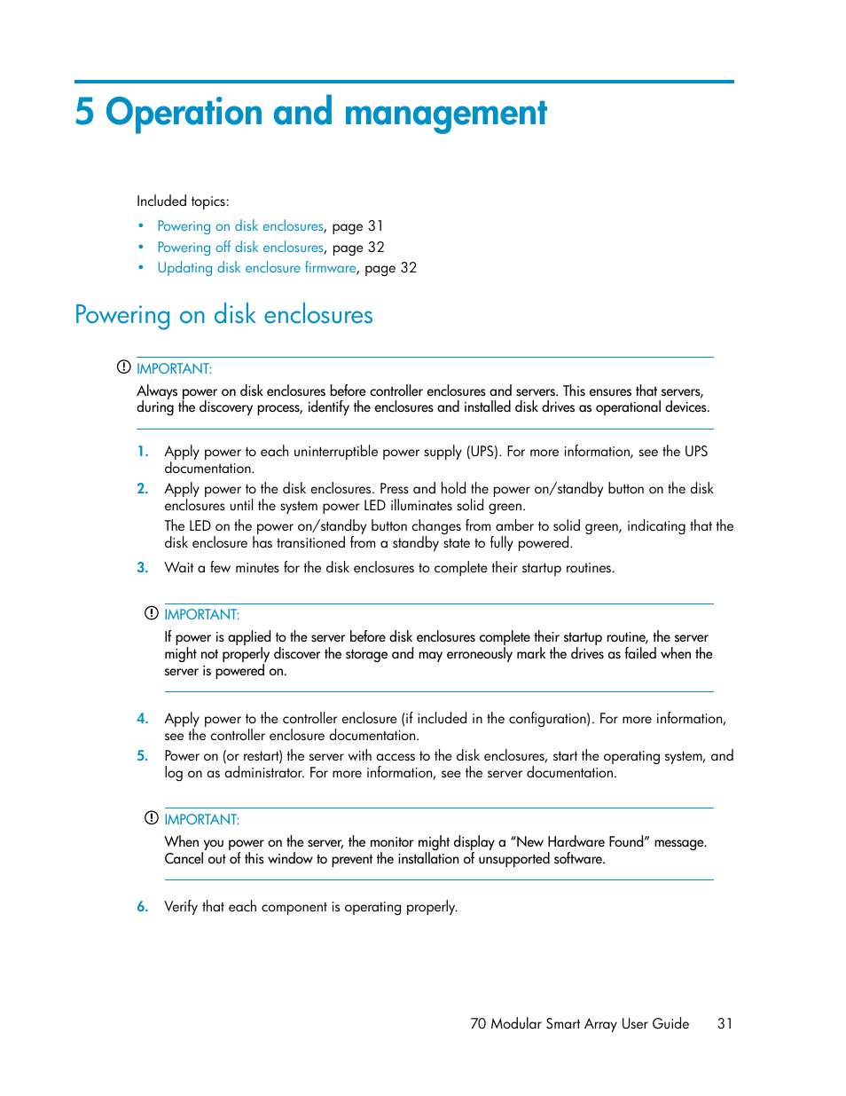 Powering on disk enclosures, 5 operation and management | HP 70 Modular Smart Array User Manual | Page 31 / 60