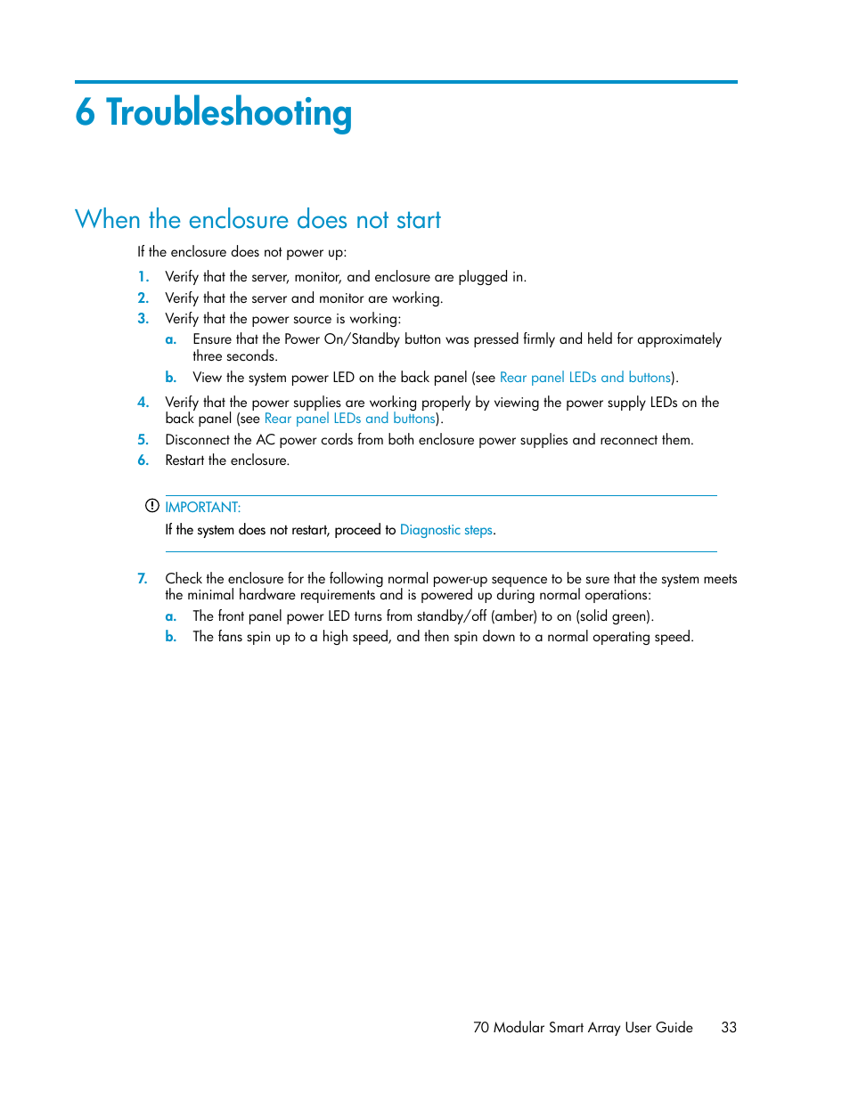 6 troubleshooting, When the enclosure does not start | HP 70 Modular Smart Array User Manual | Page 33 / 60