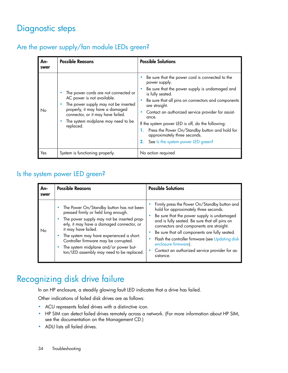 Diagnostic steps, Are the power supply/fan module leds green, Is the system power led green | Recognizing disk drive failure, 34 is the system power led green | HP 70 Modular Smart Array User Manual | Page 34 / 60