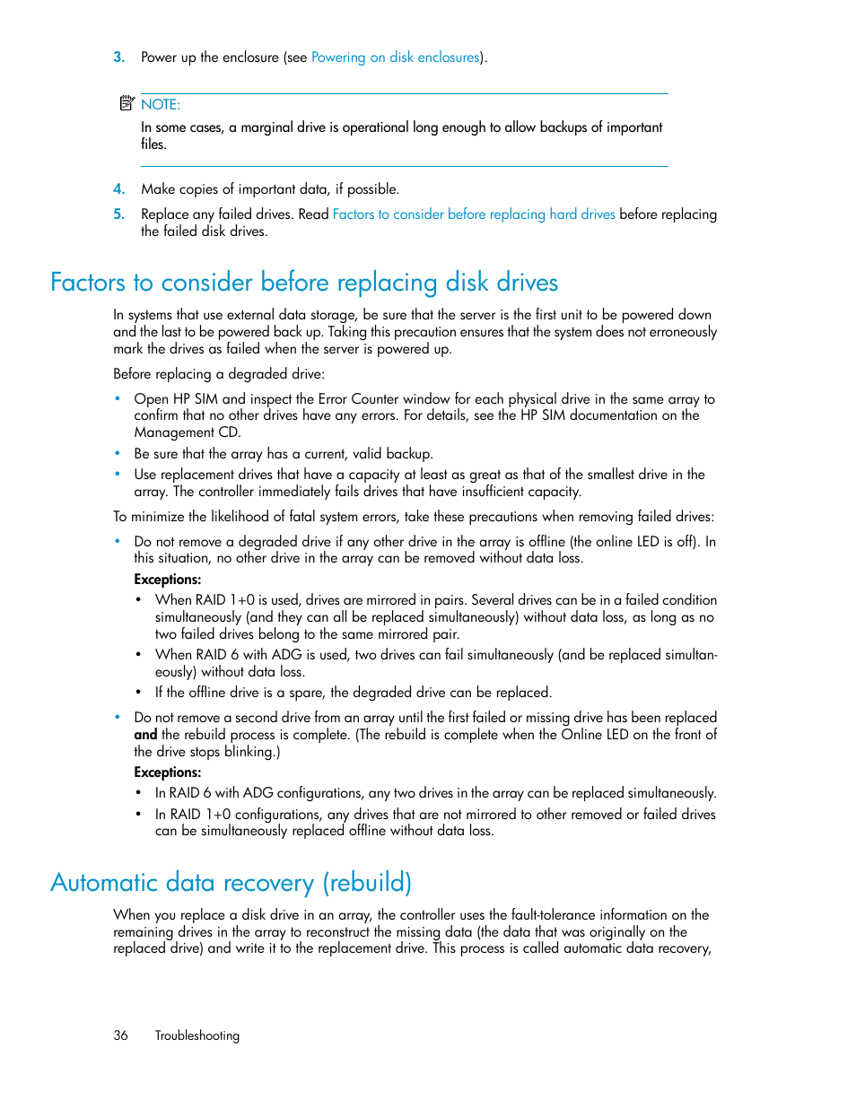 Factors to consider before replacing disk drives, Automatic data recovery (rebuild), 36 automatic data recovery (rebuild) | HP 70 Modular Smart Array User Manual | Page 36 / 60