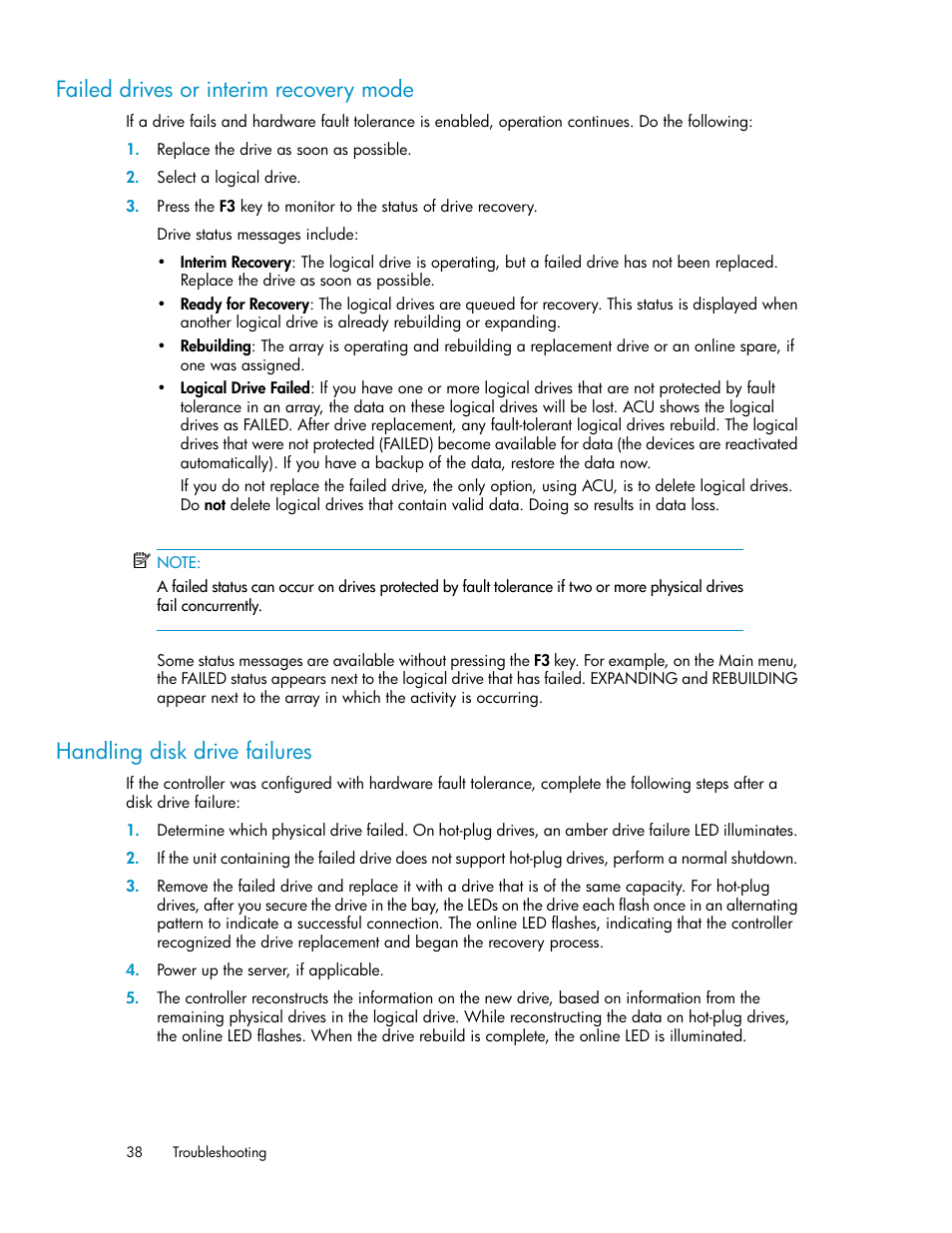 Failed drives or interim recovery mode, Handling disk drive failures, 38 handling disk drive failures | HP 70 Modular Smart Array User Manual | Page 38 / 60