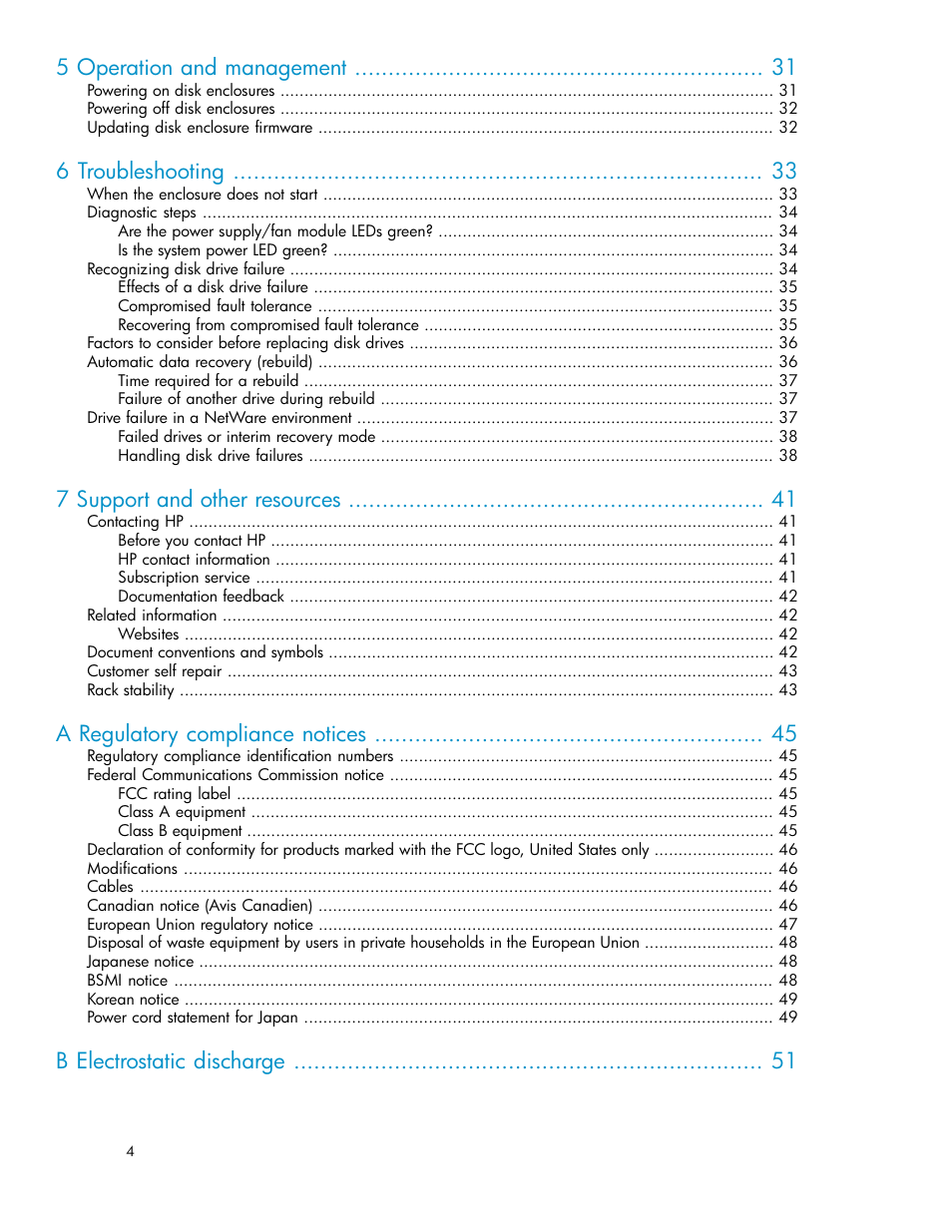 5 operation and management, 6 troubleshooting, 7 support and other resources | A regulatory compliance notices, B electrostatic discharge | HP 70 Modular Smart Array User Manual | Page 4 / 60