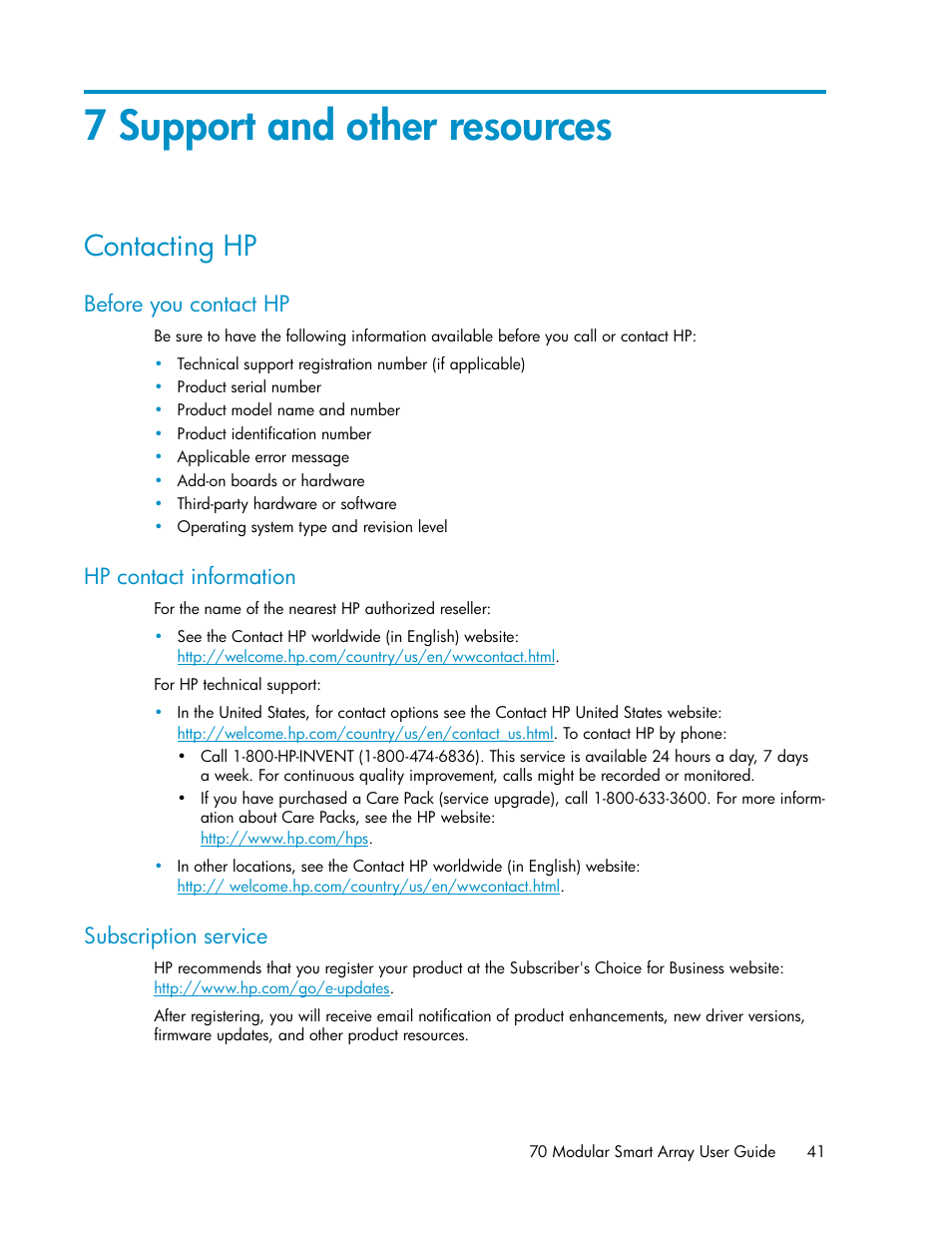 7 support and other resources, Contacting hp, Before you contact hp | Hp contact information, Subscription service, 41 hp contact information, 41 subscription service | HP 70 Modular Smart Array User Manual | Page 41 / 60