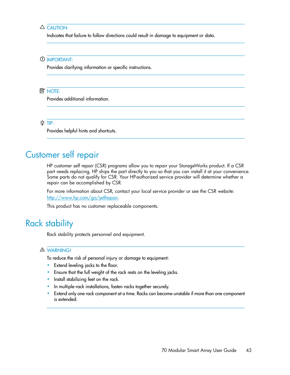 Customer self repair, Rack stability, 43 rack stability | HP 70 Modular Smart Array User Manual | Page 43 / 60