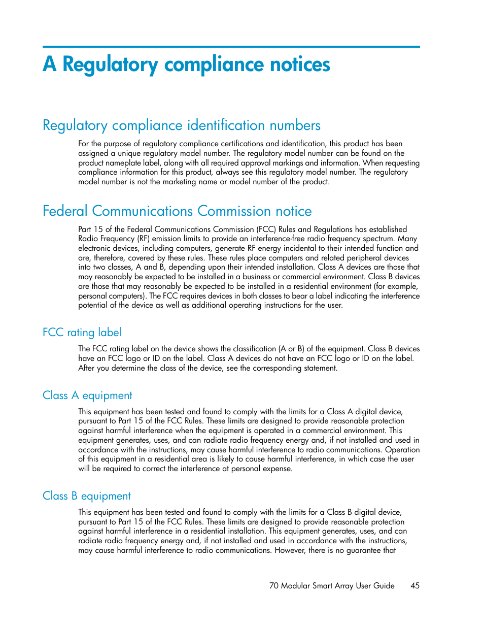 A regulatory compliance notices, Regulatory compliance identification numbers, Federal communications commission notice | Fcc rating label, Class a equipment, Class b equipment, 45 federal communications commission notice, 45 class a equipment, 45 class b equipment | HP 70 Modular Smart Array User Manual | Page 45 / 60